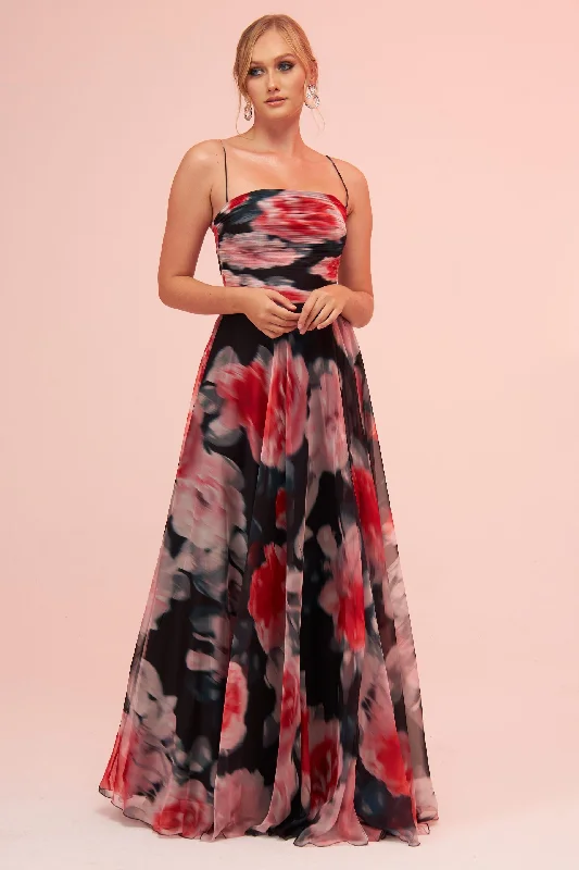 Angelino Black Strap Slit Printed Evening Dress Spring floral dresses