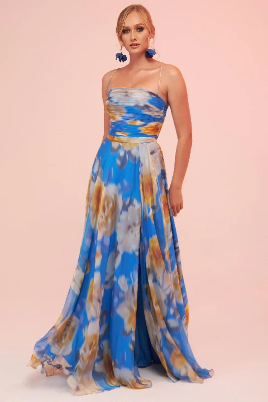 Angelino Blue Strap Slit Printed Evening Dress Vacation floral dresses