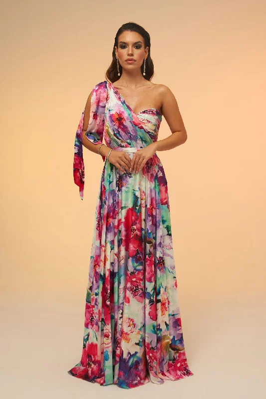 Angelino Fuchsia Printed Single Sleeve Long Evening Dress Halter floral dresses