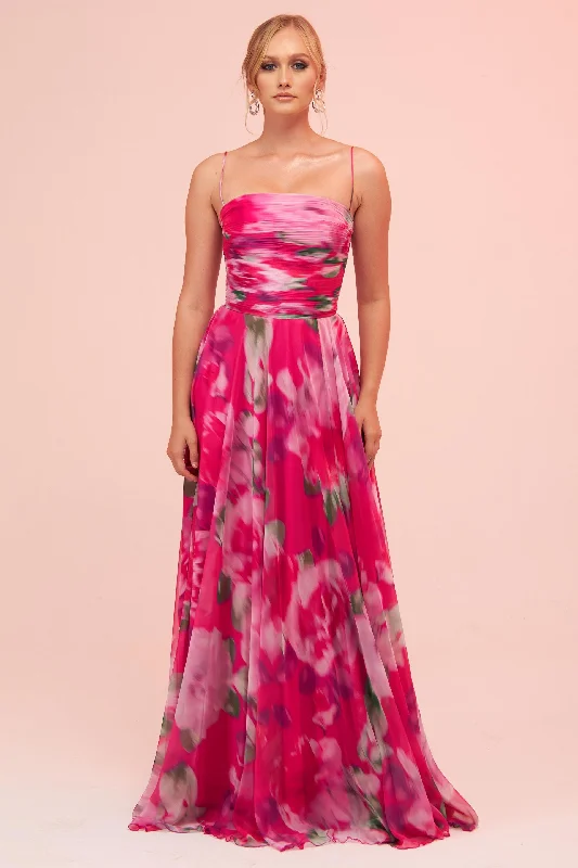 Angelino Fuchsia Strap Slit Printed Evening Dress Chiffon floral dresses