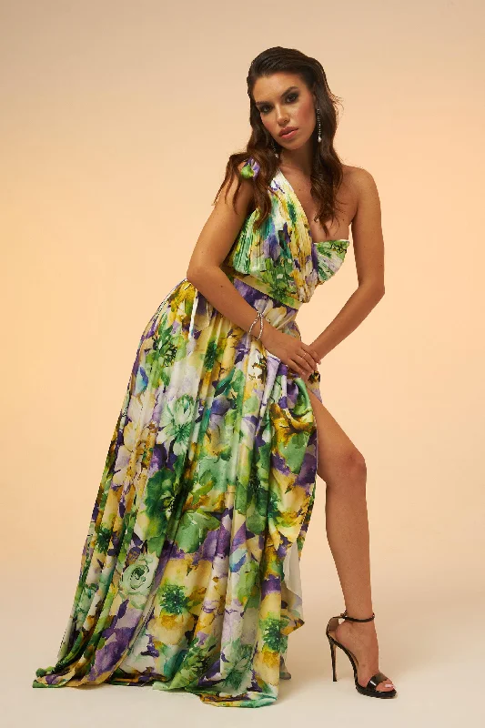 Angelino Green Printed Single Sleeve Long Evening Dress Brunch floral dresses