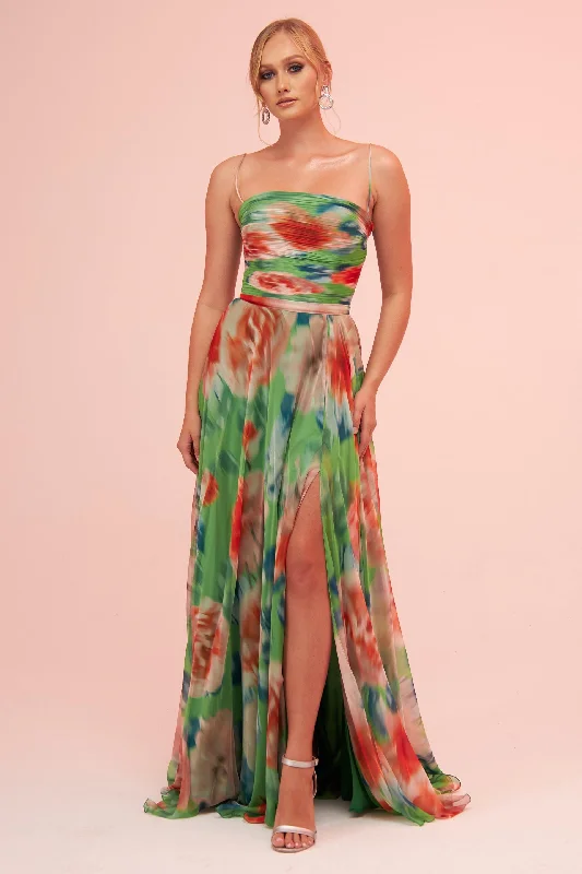 Angelino Green Strap Slit Printed Evening Dress Casual floral dresses