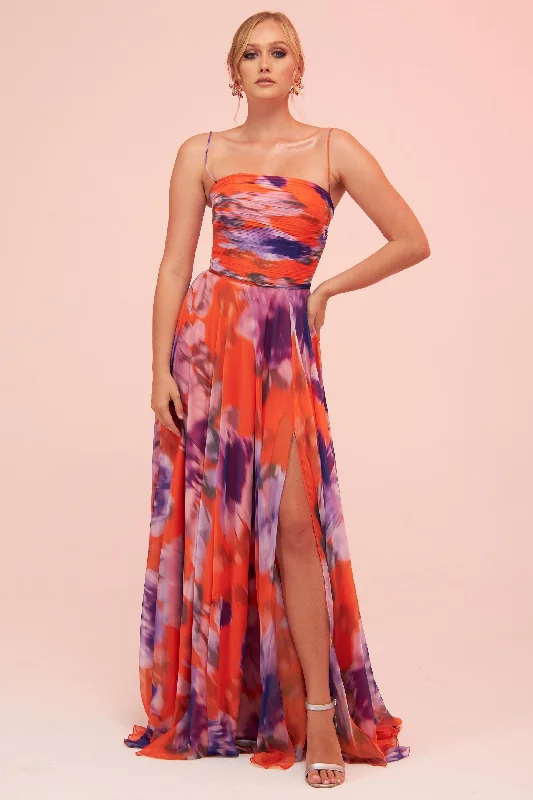 Angelino Orange Strap Slit Printed Evening Dress Y2K floral dresses