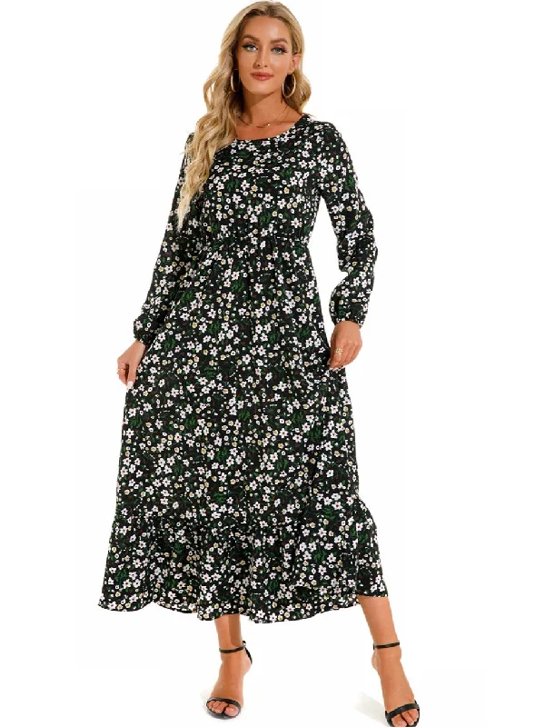 Bohemian Flowy Ruffle Long Casual Floral Print Long Sleeve Crew Neck Waist Long Dresses Ruffled floral dresses