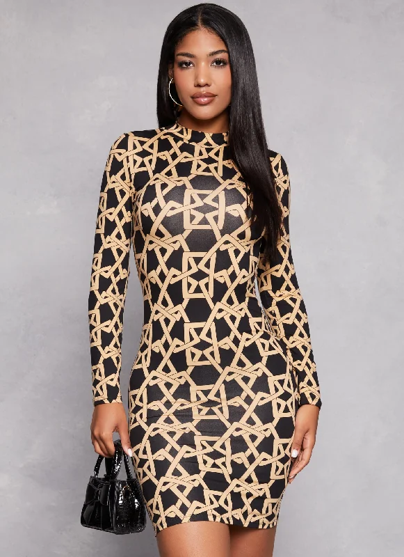 Printed Mock Neck Long Sleeve Dress Zara floral dresses