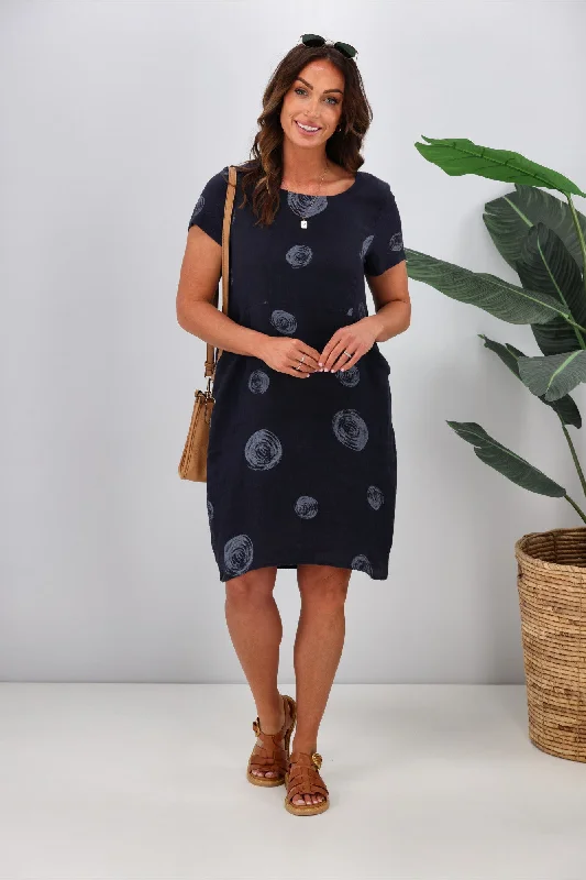 Cali & Co Swirl Print Rib Linen Dress Navy Best floral dresses for hourglass body shape