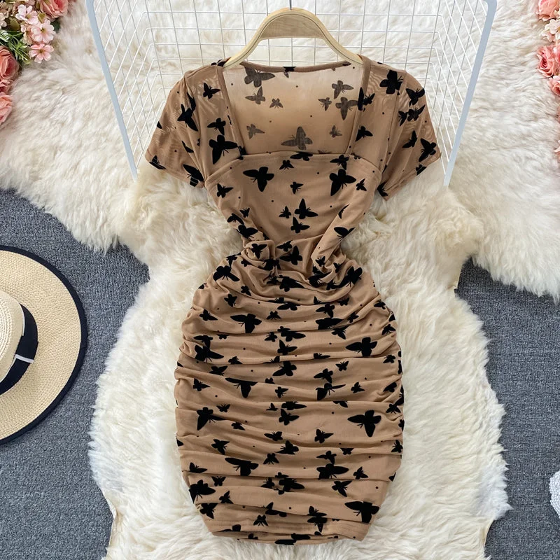 Clavicle pleated slim fit butterfly printed mesh small man Hip Wrap Dress  2773 Preppy floral dresses