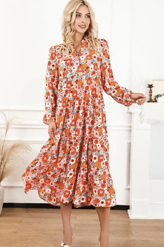 Floral Notched Neck Long Sleeve Dress Outdoor floral dresses