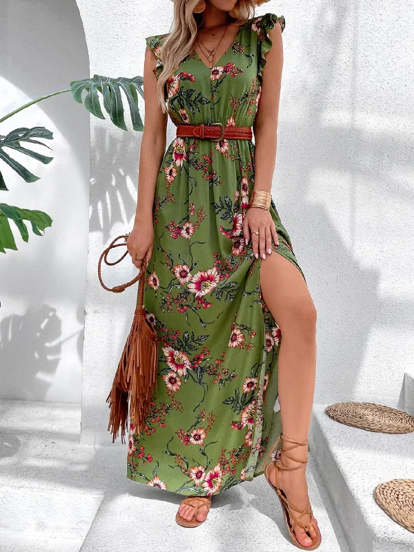 Amy Fashion - Floral Print Ruffle Trim Slit Thigh Dress Without Belt Budget-friendly floral dresses