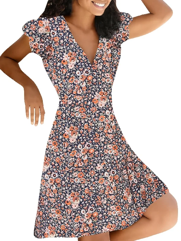 Floral Print V Neck Slim Short Sleeve Casual Every Day Dress For Fall Spring Chic floral dresses