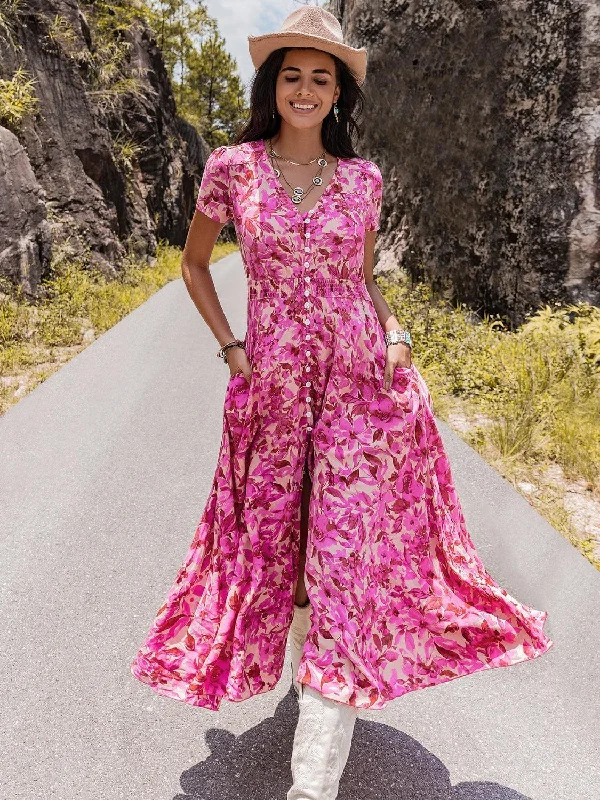 Floral V-Neck Slit Dress A-line floral dresses