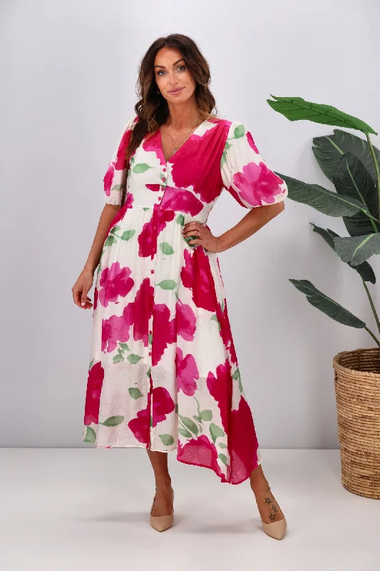 Fria Tosca Balloon Sleeve Dress Pink White Floral Best floral dresses for petites