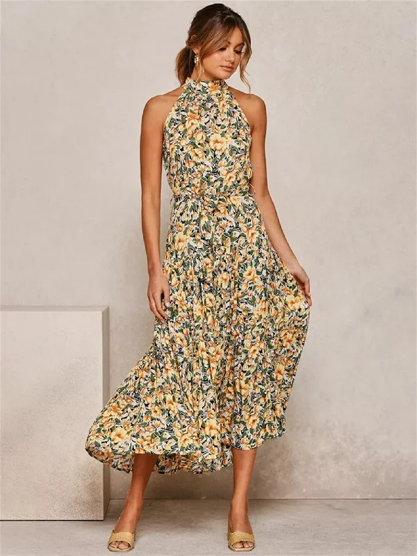 Halter Strapless Neck Floral Print Summer Vacation Dresses Smocked floral dresses