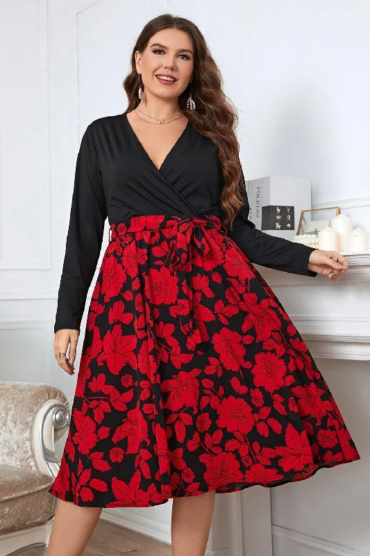 Honey Plus Size Floral Surplice Neck Long Sleeve Dress Minimalist floral dresses