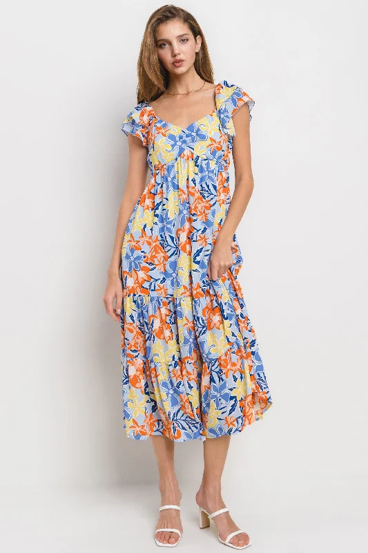 Light Blue Floral Printed Tiered Flutter Sleeve Dress Midi floral dresses