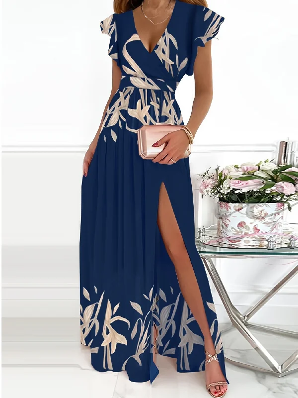 Sexy V Neck Split Long Print Short Sleeveless Waist Swing Long Dresses Anniversary floral dresses