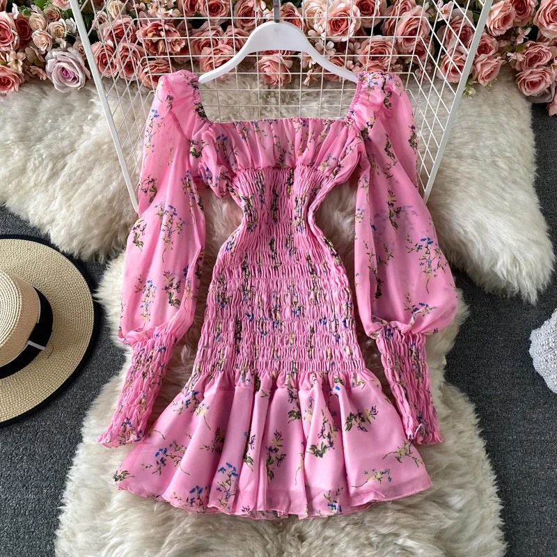 Slim Chiffon pleated floral Ruffle long sleeved dress for women  2727 Cotton floral dresses