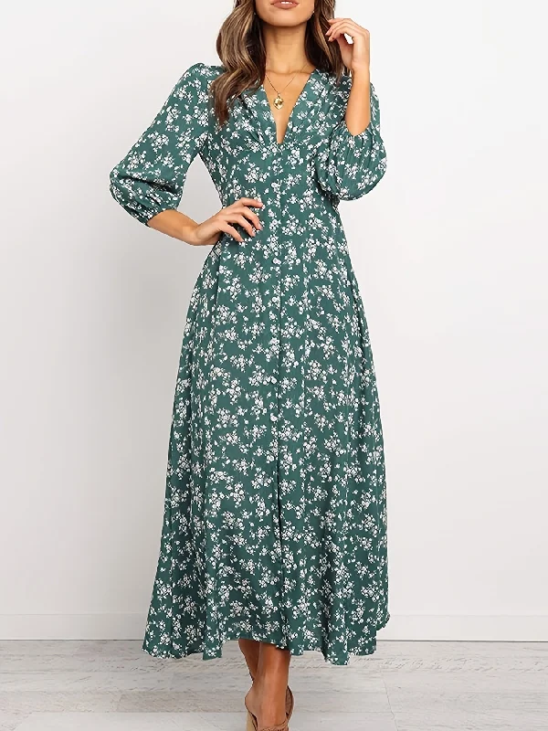 Vintage Ditsy Floral Lantern Long Sleeve Button High Waist Dresses Plus size floral dresses