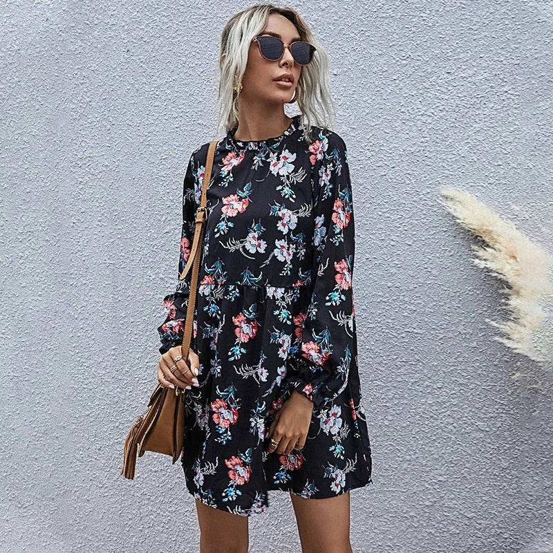 Amy Fashion - Casual Full Sleeve High Waist Loose Print Dress Organza floral dresses