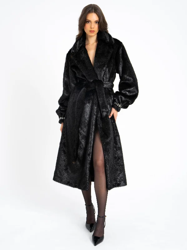 Yahia Black Vegan Long Faux Mink Coat Maxi Skirt Set