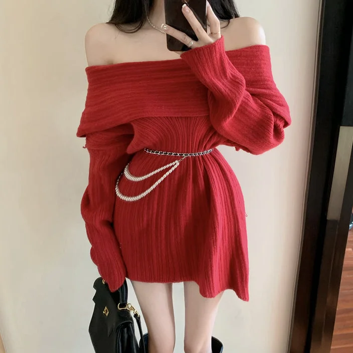 Sweater Long Sleeve Off Shoulder Top Comfortable Long Skirt