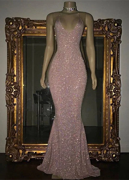 Gorgeous Sequined Mermaid Spaghetti-strap Long Sleevesless Prom Party Gowns A-line Maxi Skirt