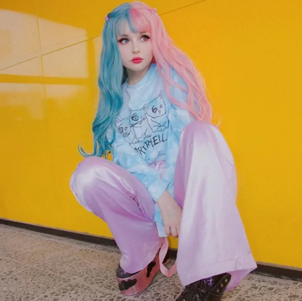 lolita pink blue long curly wig yv30763 Cozy Maxi Dress