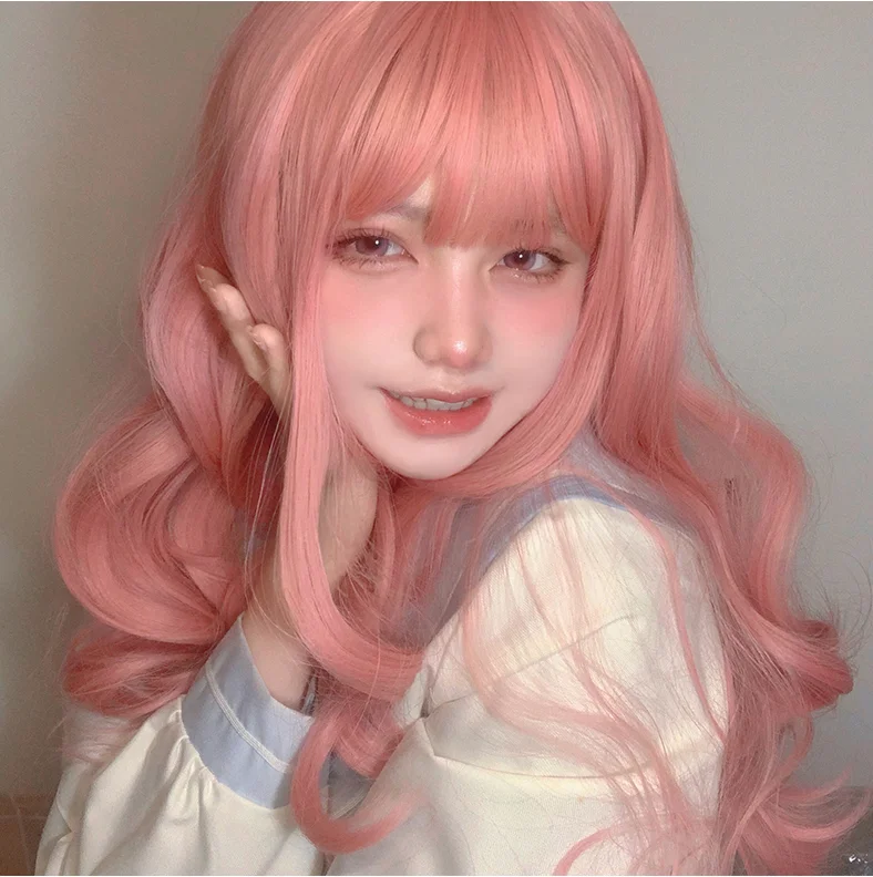 Lolita Pink Long Curly Wig YV46117 Summer Beach Maxi