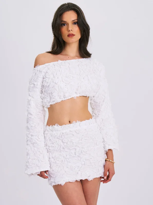 Qiana White Floral Appliqué Long Sleeve Off Shoulder Crop Top Tulle Maxi Skirt