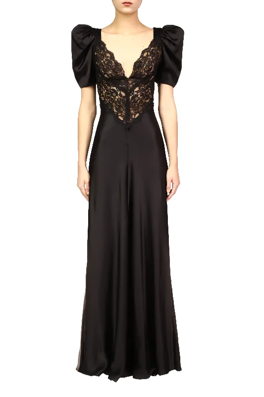 Black Silk Short Sleeve Gown With Black Lace Details Elegant Lace Gown