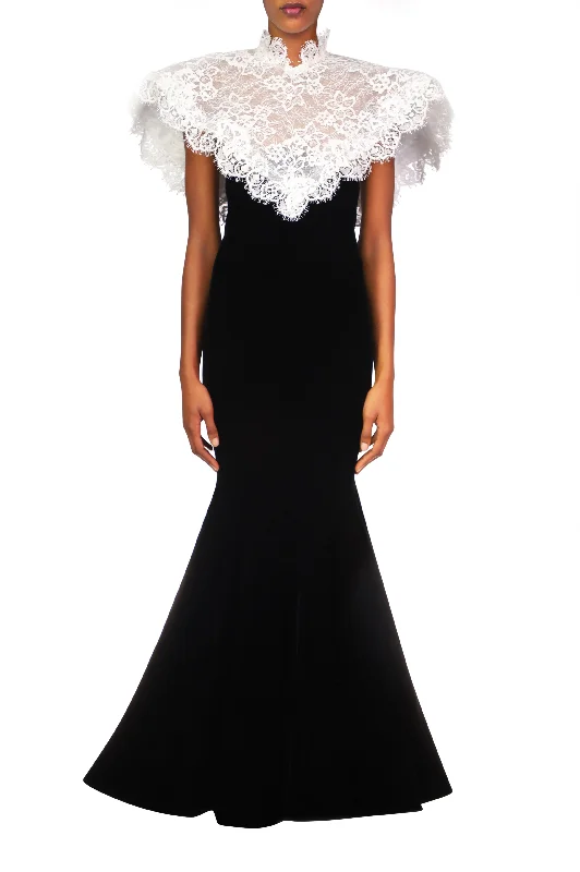 Black Velvet Gown With Off White Lace Collar Bohemian Lace Dress