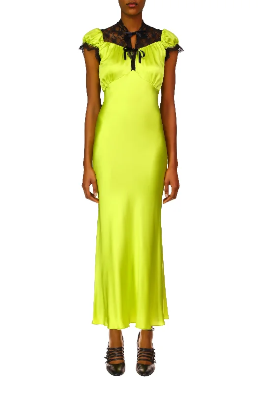 Chartreuse Silk Satin Bias Dress With Lace And Ruffle Details Vintage Lace Gown