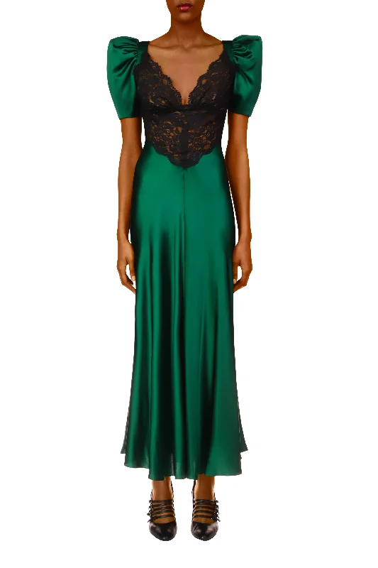 Green Silk Short Sleeve Dress With Black Lace Details Tiered Lace Gown