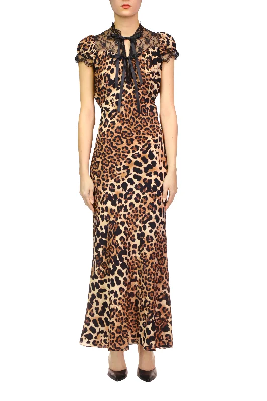 Leopard Printed Silk Crepe De Chine Bias Dress With Lace And Ruffle Detail Lace Dress Trendy