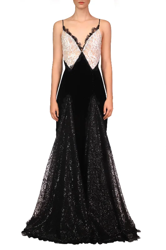 Metallic Black And White Lace And Velvet Gown With Lace Godets Lace Dress for Women