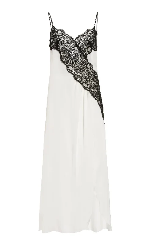 Off White Silk Satin Dress With Lace Detail Lace Midi Dress