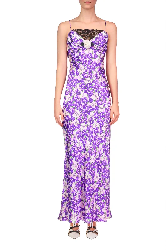 Purple Iris Printed Silk Satin Bias Dress With Ruched Bust And Black Lace Detail Lace Dress Lace