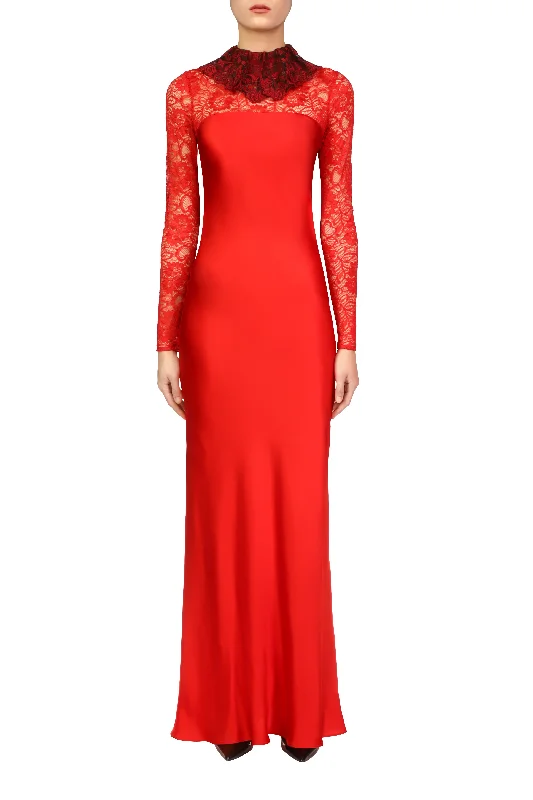 Red Silk Satin Bias Gown With Red Lace Sleeves And Collar Detail Lace Detail Gown