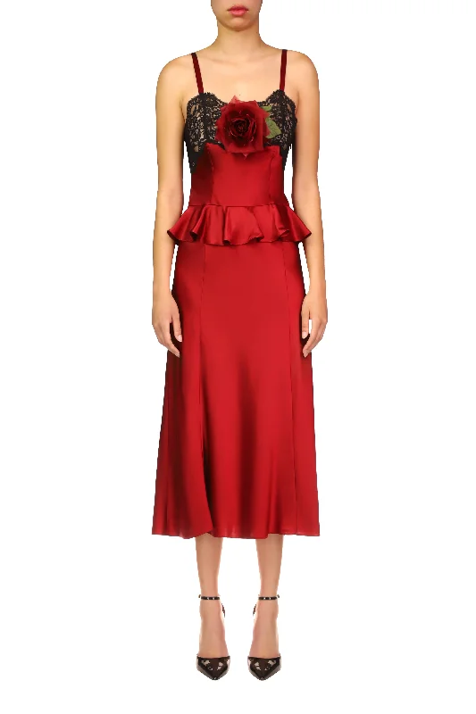 Red Silk Satin Slip Dress With Peplum And Black Lace Details Sexy Lace Gown