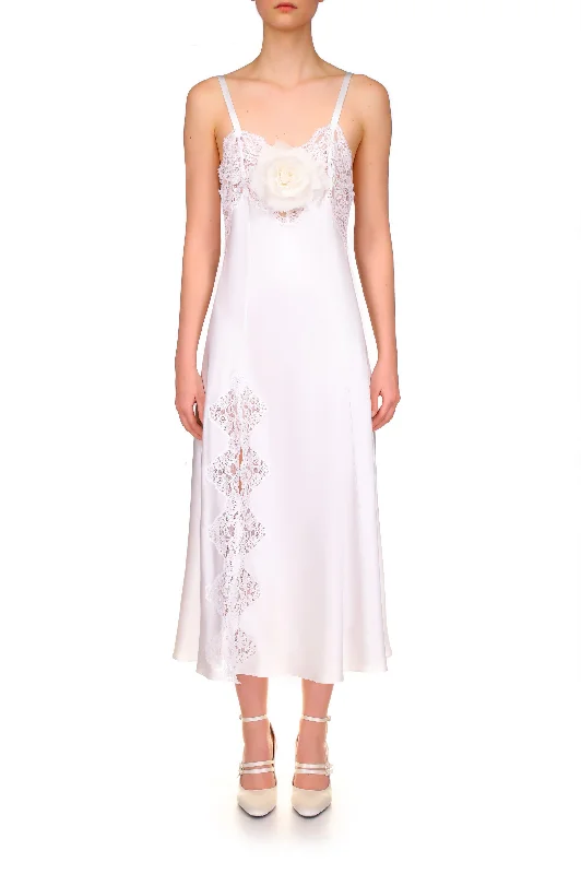 White Silk Satin And Lace Bias Slip Dress With Slit and Rose Lace Dress Modern