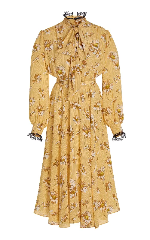 Yellow Daisy Moire Dress With Sash Tie Neck And Lace Details Lace Dress Set