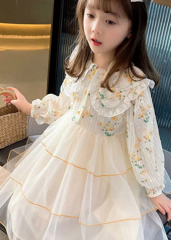 Beautiful Apricot Peter Pan Collar Patchwork Tulle Girls Long Dresses Long Sleeve SS1040 Tulle Dress Party