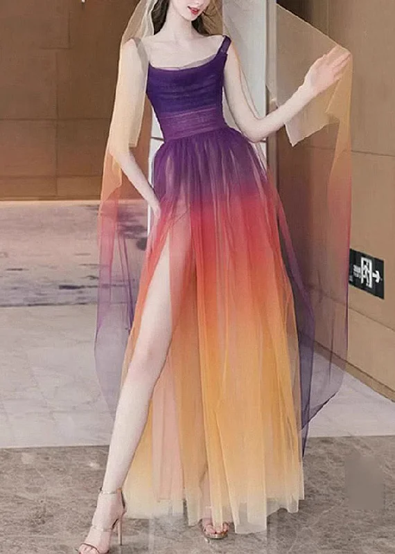 Boho Gradient Color Side Open Tulle Spaghetti Strap Dress Sleeveless OP1026 Pink Tulle Dress