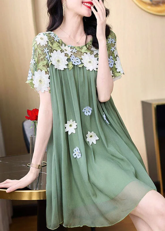 Boho Green O-Neck Embroidered Patchwork Tulle Mid Dresses Short Sleeve AZ1018 Tulle Wedding Dress