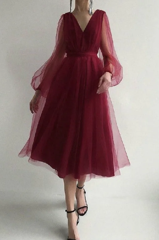 Burgundy Long Sleeve V-Neck Tulle Prom Dress Tulle Dress Perfect