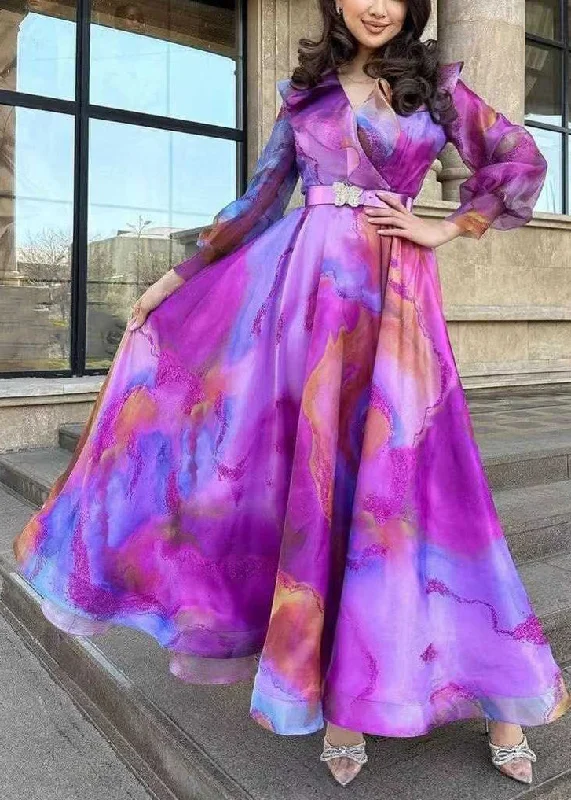 Chic Purple Print Sashes Tulle Patchwork Exra Large Hem Dress Spring WW1035 Tulle Ball Gown