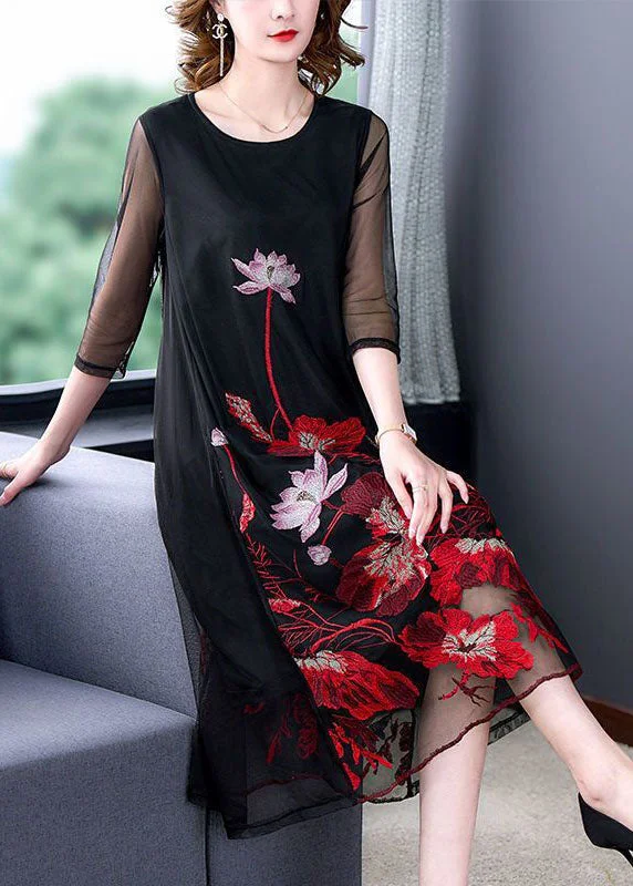 Fashion Black Embroideried Hollow Out Tulle Robe Dresses Bracelet Sleeve LY1696 Long Sleeve Tulle