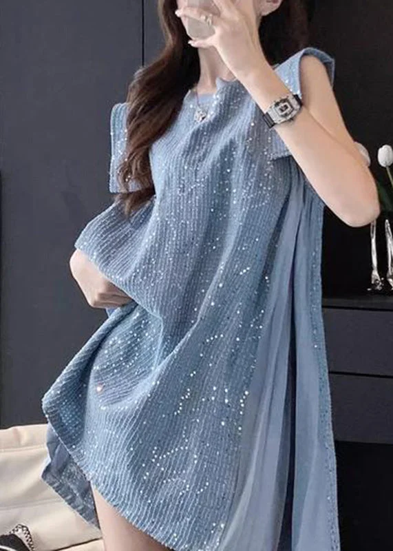 French Blue Tulle Patchwork Sequins Mid Dress Summer UU1056 Sleek Sequin Dress