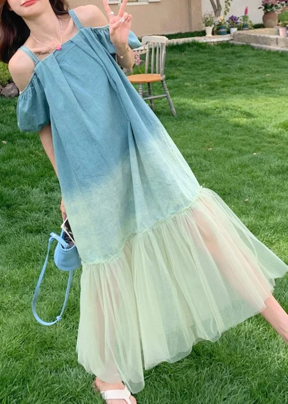 Gradient Color Blue Tulle Patchwork Spaghetti Strap Long Dress Short Sleeve UU1025 Ruffled Tulle Gown