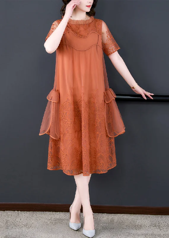 Loose Orange Ruffled Embroidered Tulle Dress Summer OP1022 Tulle Skirt Dress